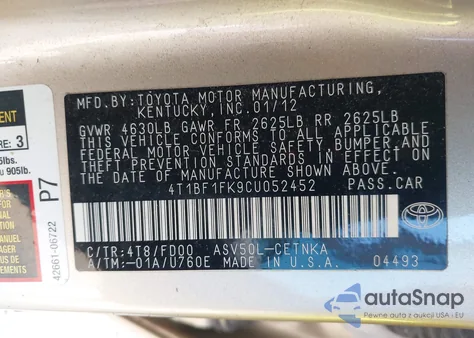 2012 Toyota Camry Le из США, поврежденный, VIN 4T1BF1FK9CU052452